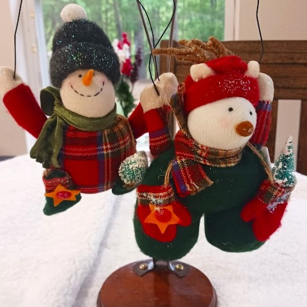 2 Plush Plaid Snowman Ornaments